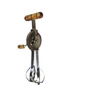 Vintage Ekco 9-Speed Hand Egg Beater With Wooden Handles & Stainless Steel Blade